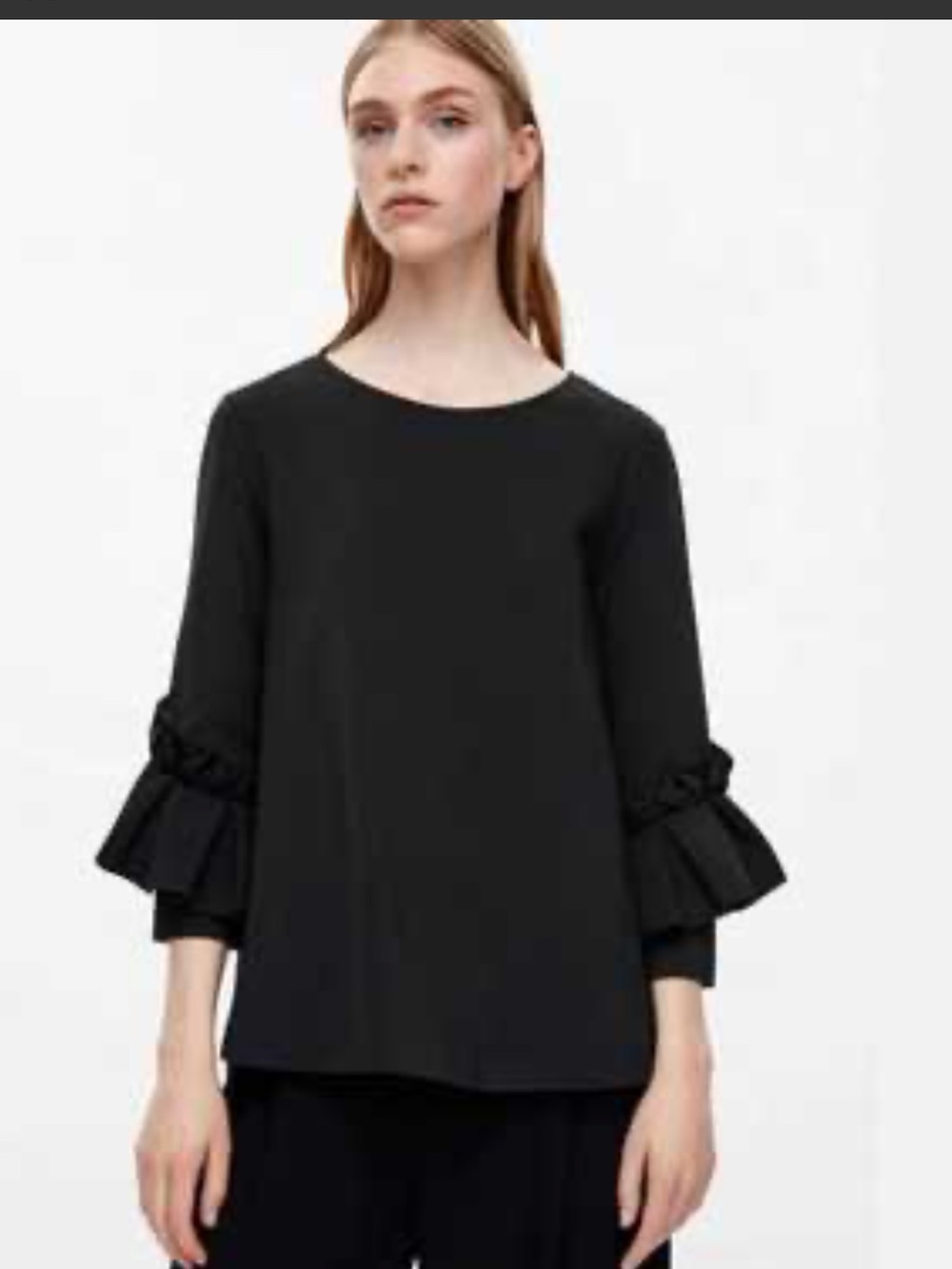 COS Black Ruffle Sleeve Scuba Top XS A-Line Architectural Minimalist Blouse